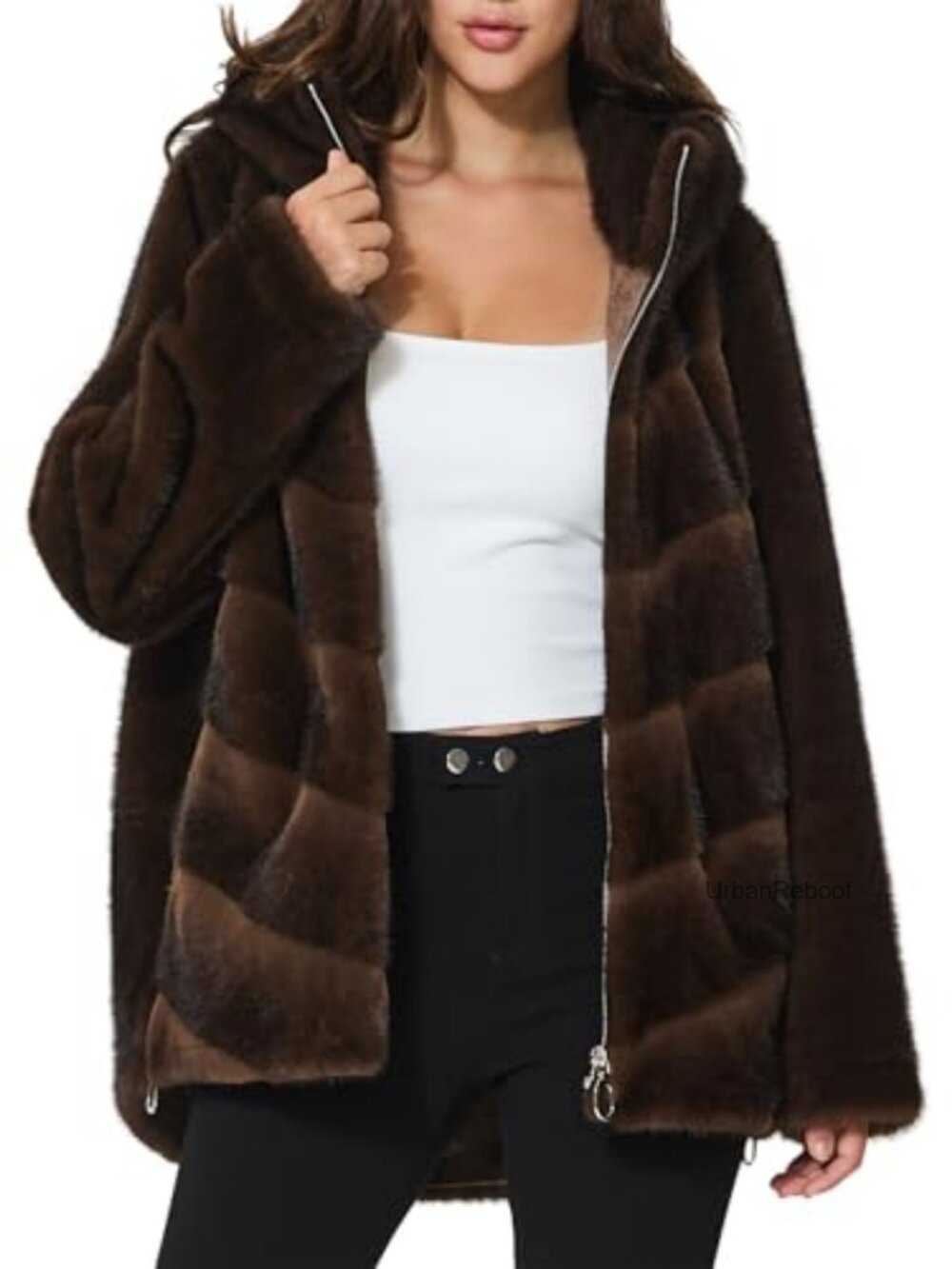 Faux Mink Fur Hooded Zip Up Coat Warm Winter Outerwear with Pockets